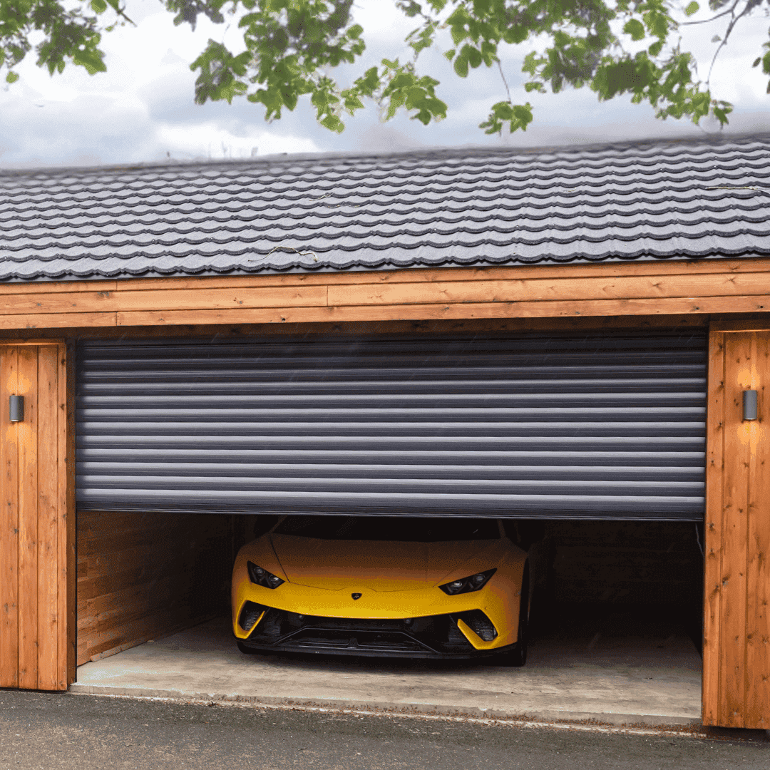 Yellow car parked in garage