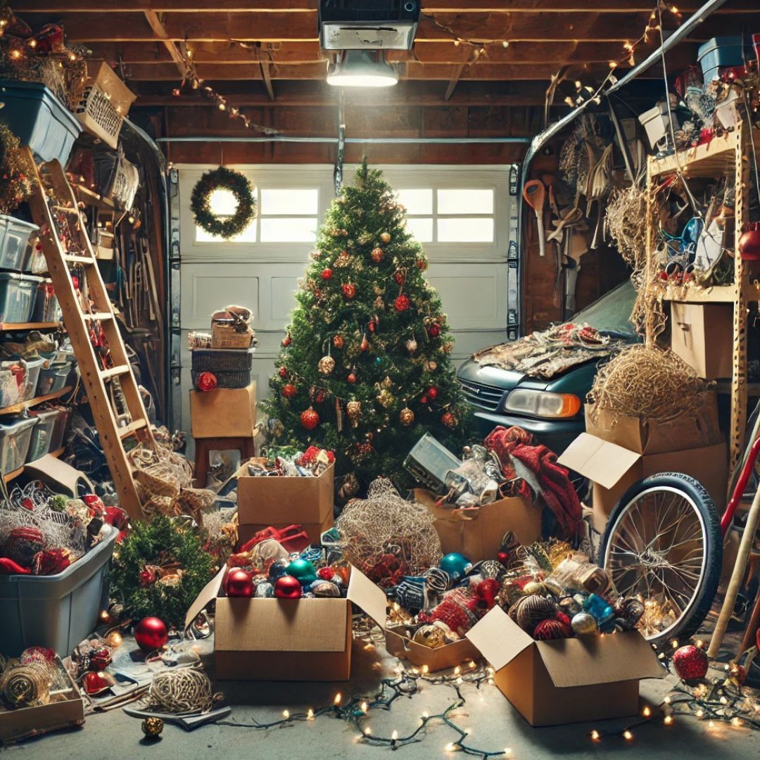Christmas decorations inside a messy garage